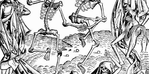 Sketch of skeletons dancing around a grave